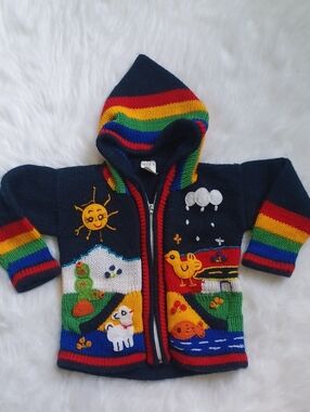 Chaya K Crafts hand-knit Peruvian-style farm scenes. Rainbow. Unisex 2t/3t?